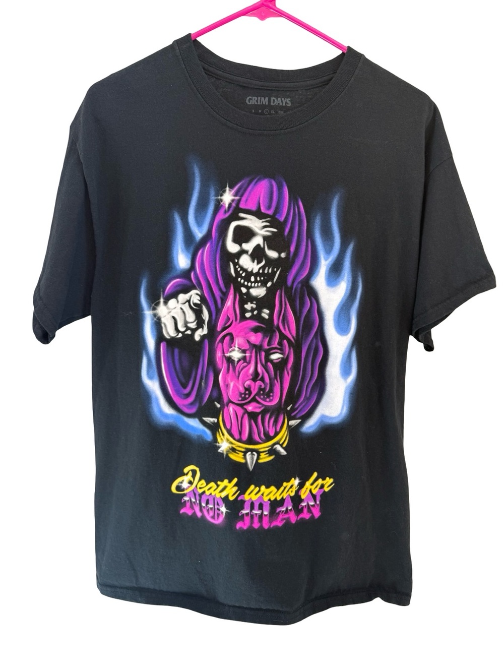 Grim Days Death Waits For No Man Graphic T Shirt Black Skull Dog Tee Large
